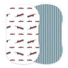Load image into Gallery viewer, Vintage Steam Trains and Blue and White Stripe Bamboo Changing Pad
