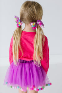 Purple Tutu Skirt With Multicolor Pom Pom Balls and Bow Hair Tie-2Pcs