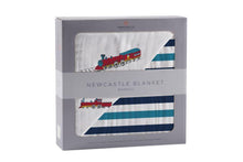 Load image into Gallery viewer, Vintage Steam Trains and Blue Stripe Bamboo Muslin Newcastle Blanket
