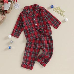 Christmas Kids Girls Boys Pajamas Set Loungewear Suit Plaid Button up