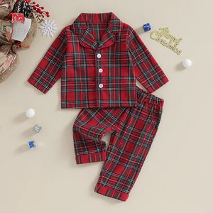 Christmas Kids Girls Boys Pajamas Set Loungewear Suit Plaid Button up