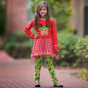 AnnLoren Girls Christmas Reindeer Tunic and Holiday Legging Set