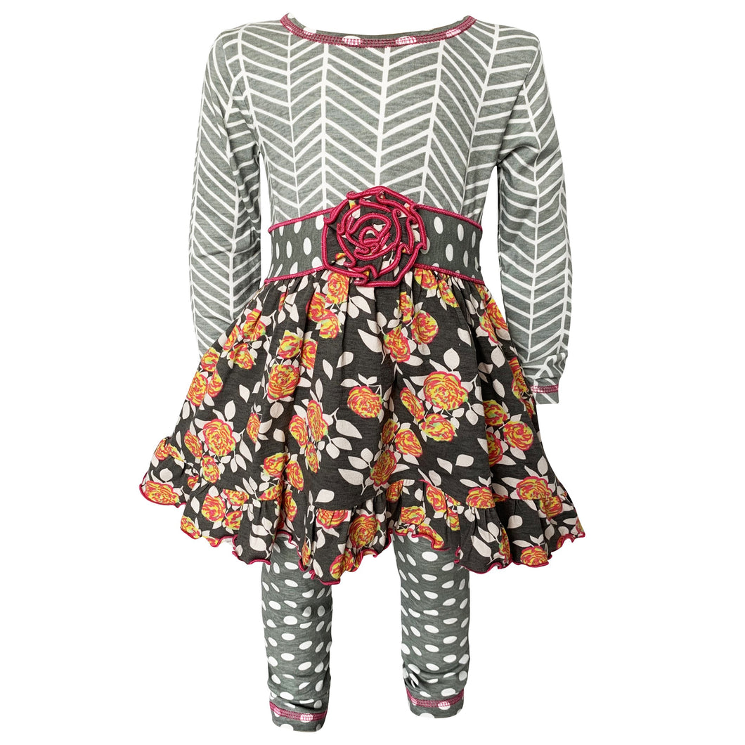 AnnLoren Boutique Grey Shabby Floral & Herringbone Dress & Polka Dot