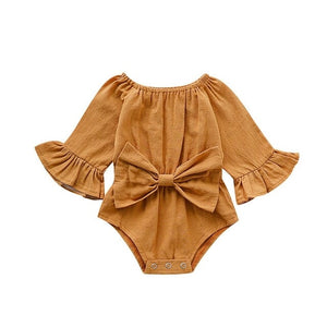 Infant Baby Girl Bowknot Solid Flare Sleeve Romper