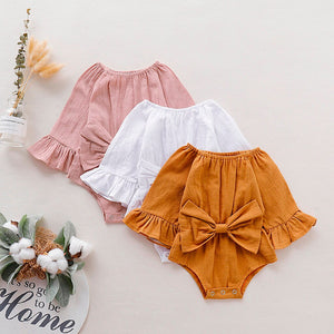 Infant Baby Girl Bowknot Solid Flare Sleeve Romper