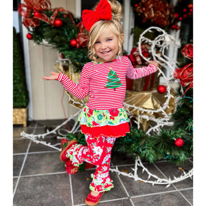 AnnLoren Girls Boutique Christmas Tree Holiday Tunic and Floral Ruffle