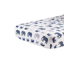 Load image into Gallery viewer, Blue Elephant Cotton Muslin Crib Sheet

