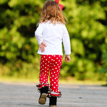 Load image into Gallery viewer, AL Limited Girls LOVE Christmas Top &amp; Red Polka Dot Ruffle Pants Set
