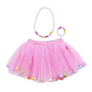Pink Tutu Skirt With Multicolor Pom Pom Balls and Jewlery - 2Pcs Set