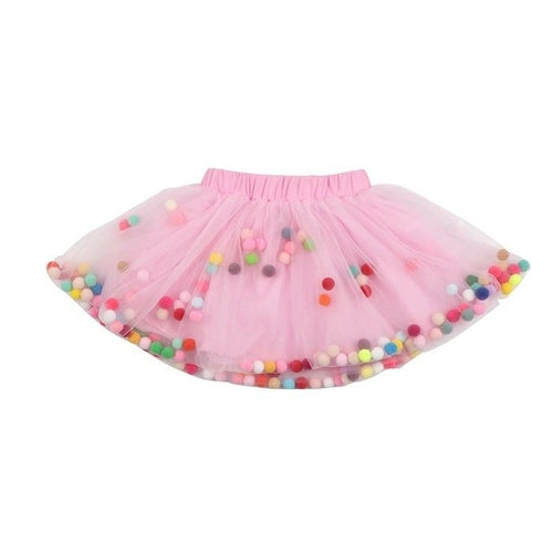 Pink Tutu Skirt With Multicolor Pom Pom Balls and Jewlery - 2Pcs Set