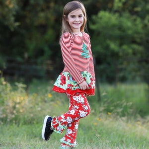 AnnLoren Girls Boutique Christmas Tree Holiday Tunic and Floral Ruffle